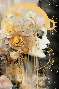 金色和柔和的色彩在处女座宇宙新月，墙壁艺术 | 帆布版画 作者 F. Abderrahim
