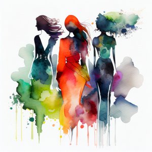 水彩时尚女孩画，蓝色迷雾和白色背景，壁画打印