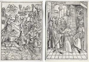 Der Schatzbehalter：  法老的女儿找到了摩西（正面）；Der Schatzbehalter：  基督在该亚法面前（背面） 作者 让·巴蒂斯特·玛丽·休特