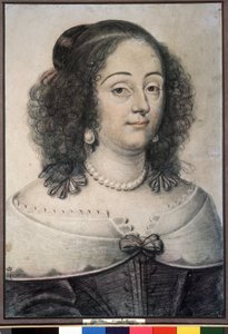 "这可能是英国女王亨丽埃塔-玛丽亚（1609-1669 年）。丹尼尔-杜穆斯蒂埃（或杜蒙斯蒂埃）（1574-1646 年）1640 年粉笔画 莫斯科普希金博物馆 作者 或Dumoustier Daniel Dumonstier