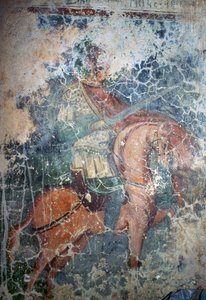 骑马持剑的男子，希腊克里特岛凯法利Agios Athanasios拜占庭教堂的壁画(照片) 作者 或 Magno Cesare Magni