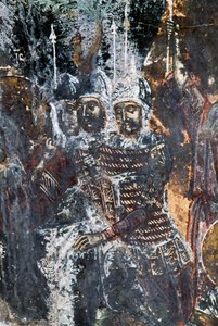 希腊克里特岛Vavouledo的Agios Vasileios教堂天花板上的士兵、受损壁画(照片) 作者 或 Magno Cesare Magni