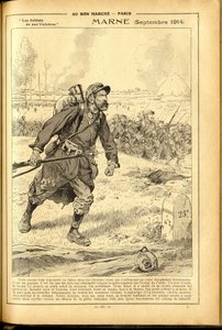 Agenda Buvard du Bon Marche 1917年--约伯的插图（雅克-玛丽（Jacques-Marie）加斯东-昂弗莱和布雷维尔）（1858-1931）。马恩河1914年9月--14-18年战争, 马恩河, 大战, 马恩河之战--士兵们 作者 Onfray de Breville Jacques Job的化名