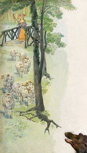 Bergere 在狼的威胁下在乡间放羊（绵羊和肚羊）--约伯（Jacques Marie Gaston Onfroy de Breville）（1858-19131 年）为 G. Montorgueil 所著《La Cantiniere》一书绘制的插图，约 1900 年 作者 Onfray de Breville Jacques Job的化名