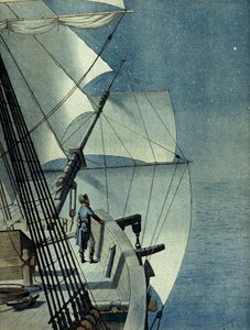 埃及战役（远征）（1798-1801）：从亚历山大港返回埃及，乘坐 "La Muiron "号船，拿破仑一世-波拿巴（1769-1821）独自在船桥上眺望地中海的夜景。 作者 Onfray de Breville Jacques Job的化名