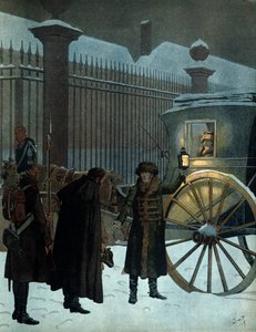 击败俄国战役并返回巴黎：拿破仑一世（1769-1821）乘坐轿车于1812年12月18日俄国撤退后的晚上11点抵达杜伊勒里宫。 在乔治·蒙托盖尔的《拿破仑》中。 J 的插图 作者 Onfray de Breville Jacques Job的化名