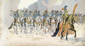 国王查理六世（1368-1422）在巴黎的入场仪式伴随着30个小号。私人收藏。 作者 Onfray de Breville Jacques Job的化名