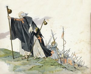 第一次十字军东征。隐士彼得（1050-1115）在 "上帝的旨意 "的呼声中领导十字军东征。.他身穿大衣，打着十字架，拿着佩兰的大棒。一个象征着法国的小女孩陪伴着她。在《法国，她的故事由G.Montor讲述》中 作者 Onfray de Breville Jacques Job的化名