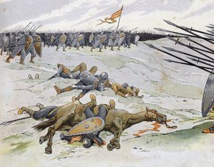 法英战争（1202-1214）：在1214年7月27日的布文斯战役中牺牲的士兵，该战役中菲利普-奥古斯特的法军与奥通四世的佛兰德人和维尔福人对峙。私人合作 作者 Onfray de Breville Jacques Job的化名