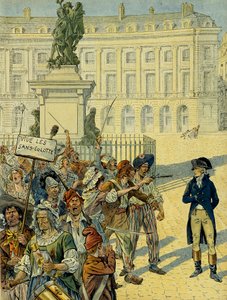 1789 年法国大革命：拿破仑一世 (1769-1821) 于 1792 年 8 月 10 日在路易十四 (1638-1715) 雕像附近被巴黎胜利广场 (Place des Victoires) 推翻之前，受到一群内裤（没有内裤）的威胁 . 插图 作者 Onfray de Breville Jacques Job的化名