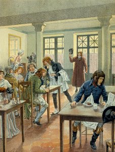 1789 年法国大革命：拿破仑一世 (1769-1821) 年轻时在巴黎小佩雷斯街 (Petits-Peres) 的 gargotier Justat 工作，他只付了 6 块钱。 Jacques Marie Gaston Onfray de 的插图 作者 Onfray de Breville Jacques Job的化名