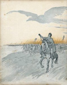 高卢战争：盖乌斯-尤利乌斯-凯撒（当时的朱尔-凯撒）（公元前100-44年）和他的军队入侵高卢。天空中出现了象征罗马帝国的鹰的影子。在 "法国，他的故事由G. Montorgueil讲述，由Job拍摄 "1896年。私人收藏。 作者 Onfray de Breville Jacques Job的化名