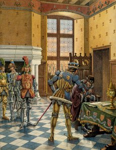 中世纪的法国历史（中世纪）。1468年10月9日至14日期间，佩罗内的国王路易十一说谨慎者（1423-1483）和查尔斯-特梅雷尔（1433-1477）之间的会谈 插图：布雷维尔的雅克-玛丽-加斯东-昂弗莱，称为JO 作者 Onfray de Breville Jacques Job的化名