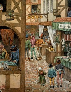 中世纪法国的历史（Middle Ages）：路易十一国王称审慎者（1423-1483）与Charles Le Temeraire签署Peronne贸易后的巴黎街。 巴黎人买了鹦鹉，他们从中学会了说 Peronne 来取笑 作者 Onfray de Breville Jacques Job的化名