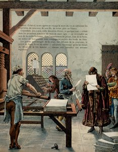 中世纪的法国历史（中世纪）。被称为谨慎者的法国国王路易十一（1423-1483）鼓励印刷业的发展。国王在排字员乌尔里希-格林（Guerinch或Guernich）的陪同下参观了索邦大学。 作者 Onfray de Breville Jacques Job的化名