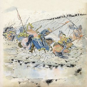 百年战争："1415年10月25日的阿津库尔战役"。法国军队被国王亨利五世（1387-1422）的军队击败。载于《法国，他的故事由G. Montorgueil讲述，由Job想象》1896年。私人收藏。 作者 Onfray de Breville Jacques Job的化名
