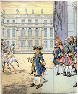 我几乎等到了！法国国王路易十四说苏莱尔国王（1638-1715）在凡尔赛城堡前说的这句话，因为他的轿子在准确的时间内到达。约伯的插图（雅克-玛丽-加斯东-昂弗莱和布雷维尔）（Jacques-Marie）。