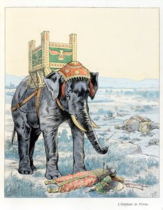 插图来自《A la gloire des betes》一书，作者是A Fabre，绘图者是Jacques Marie Gaston Onfray de Breville dit JOB（1858-1931），出版社是Alfred Mame et fils。波鲁斯之象（在公元前328年的海达斯普战役中，波鲁斯击败了 作者 Onfray de Breville Jacques Job的化名