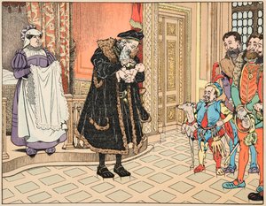 来自 "Le bon roy Henri "一书的插图，由Jacques Marie Gaston Onfray de Breville dit JOB（1858-1931）绘制。亨利四世的诞生，他的祖父亨利-阿尔布雷特（1503-1555）用一瓣大蒜擦拭嘴唇 - 私人收藏 作者 Onfray de Breville Jacques Job的化名