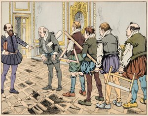 来自《Le bon roy Henri》一书的插图，由Jacques Marie Gaston Onfray de Breville dit JOB（1858-1931）绘制。苏利（马克西米利安-德-贝图纳）表现出严重的经济状况 - 私人收藏 作者 Onfray de Breville Jacques Job的化名