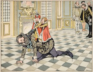 来自 "Le bon roy Henri "一书的插图，由Jacques Marie Gaston Onfray de Breville dit JOB（1858-1931）绘制。在西班牙大使面前，亨利四世与他的孩子们玩耍 - 私人收藏 作者 Onfray de Breville Jacques Job的化名