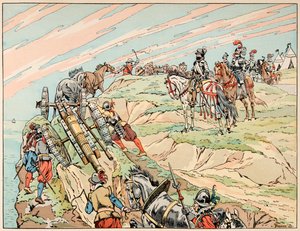 插图摘自《亨利王》一书，由雅克-玛丽-加斯顿-昂弗莱-德-布雷维尔（1858-1931）绘制：亨利四世在战争中与他的炮兵一起在迪耶普附近建立营地 - 私人收藏 作者 Onfray de Breville Jacques Job的化名