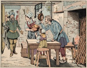 插图取自“Le bon roy Henri”一书，由 Jacques Marie Gaston Onfray de Breville dit JOB (1858-1931) 插图：农民中的亨利四世，吃锅里的鸡 - 私人收藏 作者 Onfray de Breville Jacques Job的化名
