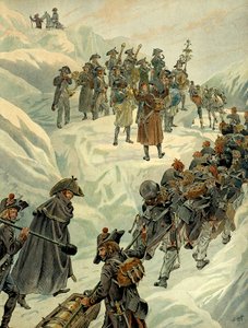 意大利战役（1799-1800年）：1800年5月20日，拿破仑一世-波拿巴（1769-1821）的军队通过圣伯纳德山口进入阿尔卑斯山。插图由Jacques Marie Gaston Onfray de Breville dit JOB（1858-1931）绘制。私人收藏 作者 Onfray de Breville Jacques Job的化名