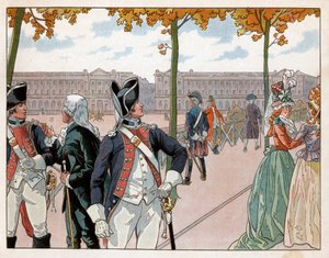 约阿希姆·穆拉特 (Joachim Murat，1767-1815 年) 和贝西埃 (Bessieres) 于 1791 年身着国王宪兵卫队的服装在巴黎。 Jacques Marie Gaston Onfray de Breville dit Job (1858-1931) 的雕刻 作者 Onfray de Breville Jacques Job的化名