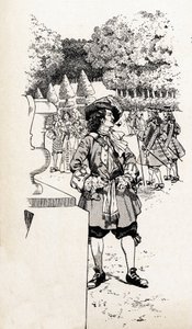 被称为苏莱尔国王的法国国王路易十四（1638-1715）和他的朝臣们在凡尔赛宫的花园里。约伯（雅克-玛丽-加斯顿-昂弗莱和布雷维尔）（Jacques-Marie）（1858-1931）为《法国国家历史上的大事件》一书所作的插图 作者 Onfray de Breville Jacques Job的化名
