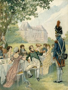 拿破仑一世 (1769-1821) 在马尔迈松城堡的花园吃午饭。 Jacques Marie Gaston Onfray de Breville dit JOB (1858-1931) 的插图。 私人收藏 作者 Onfray de Breville Jacques Job的化名