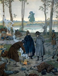 1815 年滑铁卢战役前夕，拿破仑一世（1769-1821）在露营地。在乔治·蒙托盖伊的“拿破仑”中。 Jacques Marie Gaston Onfray de Breville dit JOB 的插图 (1858-1931) 作者 Onfray de Breville Jacques Job的化名
