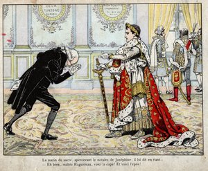 拿破仑和公证人Raguideau，1804年加冕典礼的早晨--约伯（Jacques Onfroy de Breville）的石版画，出自《大拿破仑和小儿童》1893年。 作者 Onfray de Breville Jacques Job的化名