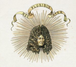 国王路易十四（1638-1715）的肖像，他的座右铭是拉丁文 "Nec pluribus impar"（没有其他类似的）。私人收藏。 作者 Onfray de Breville Jacques Job的化名