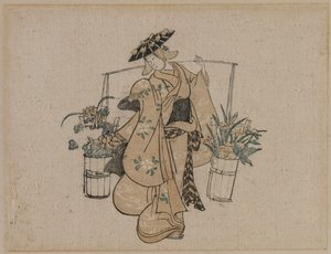 一个美人提着两桶鲜花 作者 鸟居清雅风格