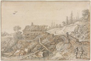 丘陵景观与溪流旁的小屋，1627年。 作者 范德维尔德埃萨亚斯