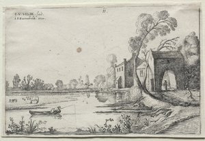 带有河流和门楼的风景，1614年。 作者 范德维尔德埃萨亚斯