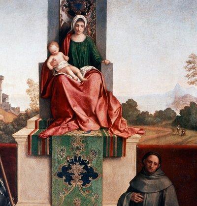 圣尼卡修斯和圣弗朗西斯之间的麦当娜和孩子，也被称为 Castelfranco Madonna，c.1502（面板上的蛋彩画） 作者 乔尔乔内