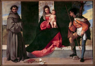 Giorgio Barbarelli da Castelfranco dit Giorgione（1477-1510 年）的《帕多瓦的圣安东尼（san antonio di padova）和圣罗克之间的圣母子》。 16世纪太阳。 0,92x1,33 m 马德里，普拉多博物馆 作者 乔尔乔内