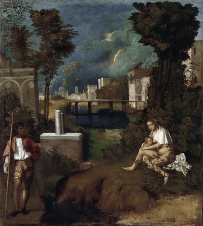风暴。给孩子喂奶的女人和风景的细节 - 布面油画，约1505-1506年 作者 乔尔乔内