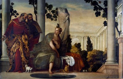 苏珊娜和老人们。 Paolo Caliari 的画作 Paul Veronese (1528-1588)，大约 1570 年。布面油画。 昏暗：175x320cm。 基因，Banca Carige 系列 作者 委罗内塞