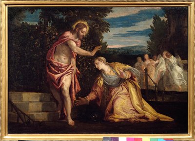 基督出现在玛德琳 (Noli me tangere) 绘画中，Paolo Veronese (1528-1588) 昏暗。 0.67 x 0.97 米。 格勒诺布尔。 艺术博物馆 - 基督出现在抹大拉的玛丽 (Noli Me Tangere) 面前。 保罗委罗内塞 (1528-1588) 的绘画。 0.67 x 0.95 米。 比亚 作者 委罗内塞