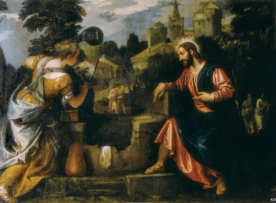 基督和井边的撒玛利亚妇人。 Paolo Caliari 的绘画说 Paolo Veronese (1528-1588)，1580 年。 Real Monasterio de San Lorenzo de El Escorial。 作者 委罗内塞