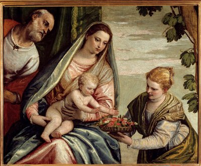 圣家族与捐赠者（圣多萝西）Paolo Veronese（1528-1588）16 世纪的绘画。 0,76x0,94 m 波尔多，Musee des Beaux Arts - 有捐赠者的神圣家族（Saint-Dorothea）。 委罗内塞 (Paolo Caliari) 的绘画 (1528-1588) 作者 委罗内塞