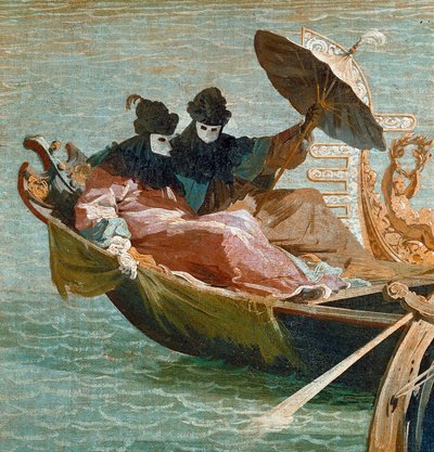 The engagement of the Doge of Venice with the Adriatic Sea: Detail of two characters wearing the mask and an umbrella on a gondola (oil on canvas, ca. 1729) 作者 卡纳莱托