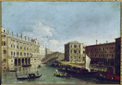 大运河和里亚托的景色，左侧是 Fondaco dei Tedeschi（布面油画） 作者 卡纳莱托