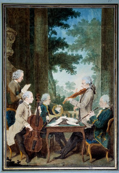 Duport、Vachon、Rodolphe、Provers 和 Vernier 先生们 音乐会期间一群音乐家的肖像。 Louis Carrogis (1717-1806) di Carmontelle 的水彩画。 18 世纪的太阳。 0,34x0,23 m 尚蒂伊，博物馆孔德 作者 卡蒙泰尔