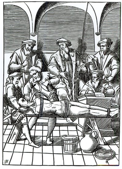 水刑，根据 Joos de Damhouder（1507-81 年）在安特卫普出版的《Praxis Rerum Criminalium》中的木刻绘制 作者 （之后）荷兰学校
