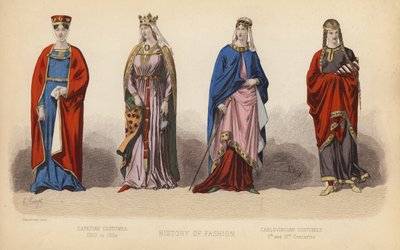法国的时尚：1100 年至 1364 年的卡佩王朝服饰；9 世纪和 10 世纪的卡洛温王朝服饰（彩色版画） 作者 （之后）法国学校