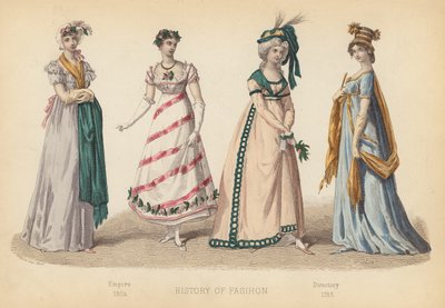 法国的时尚：1804 年帝国；1795 年目录（彩色雕刻） 作者 （之后）法国学校